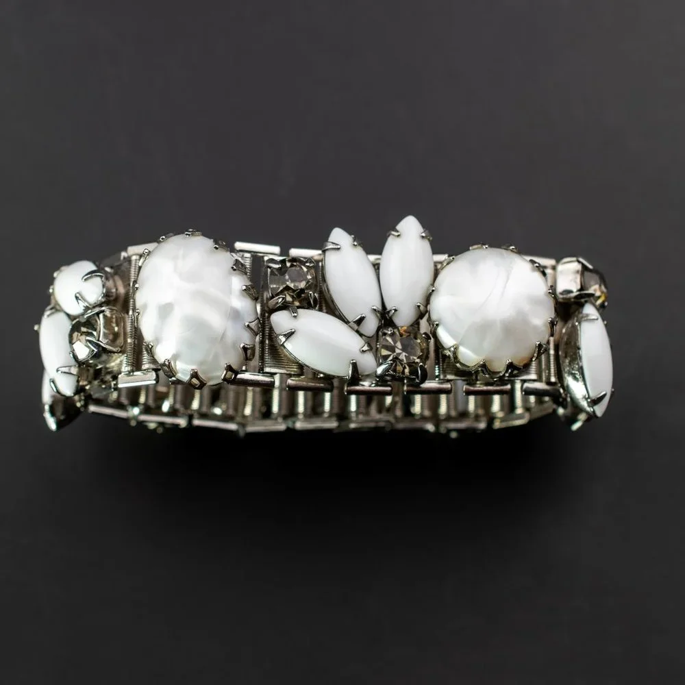 Vintage White Rhinestone Bracelet, Wide Mesh with Large Fancy Crystals Bracelet